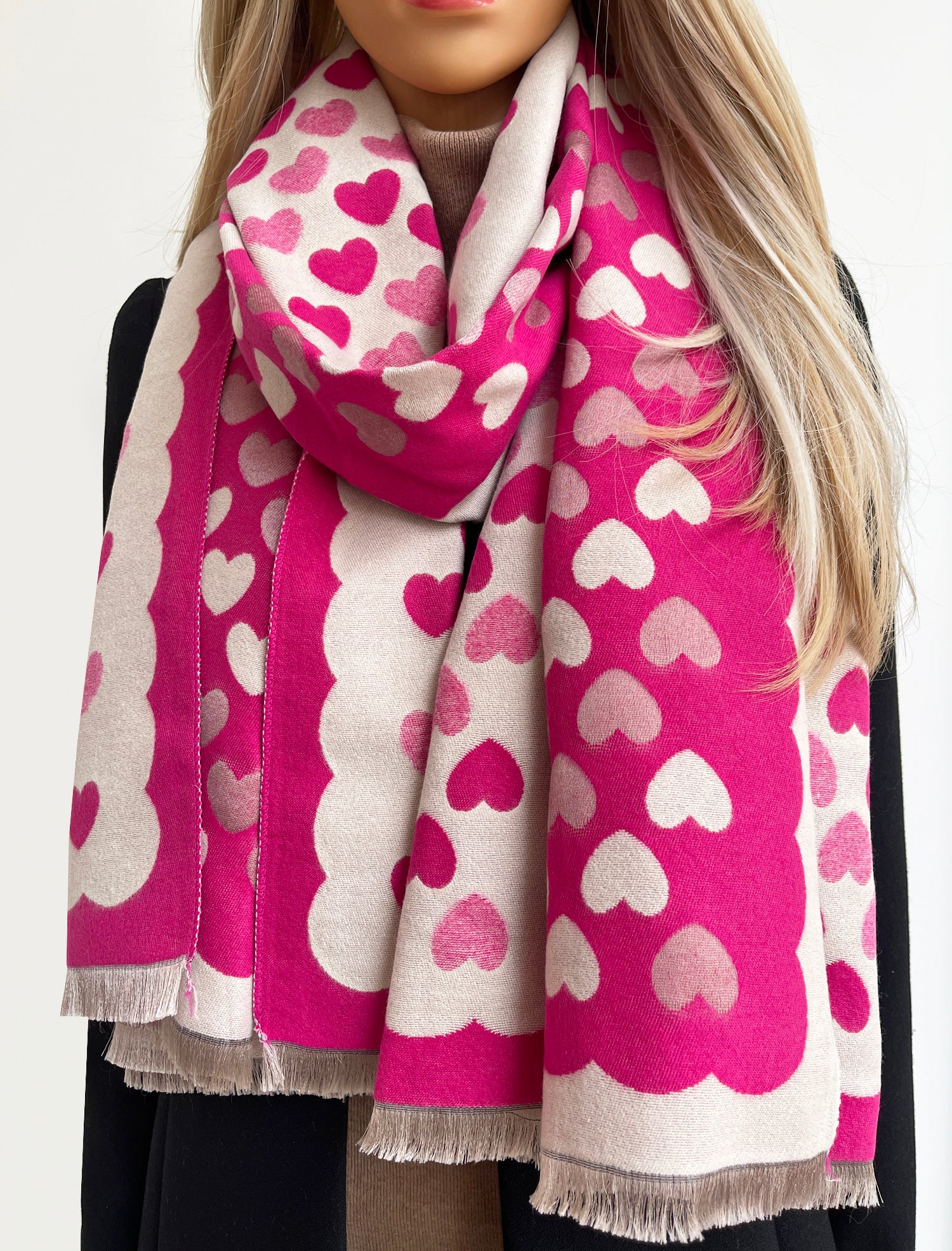 LARGE FUCHSIA PINK HEART PRINT REVERSIBLE CASHMERE WINTER SHAWL BLANKET SCARF