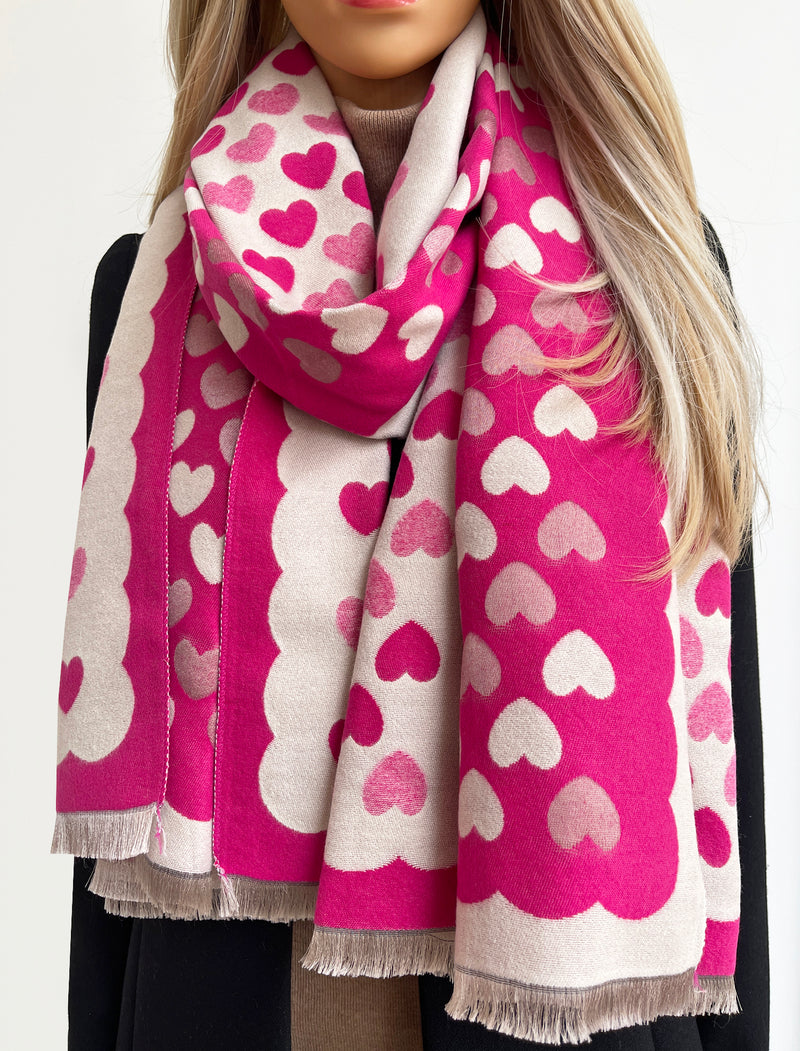 LARGE FUCHSIA PINK HEART PRINT REVERSIBLE CASHMERE WINTER SHAWL BLANKET SCARF