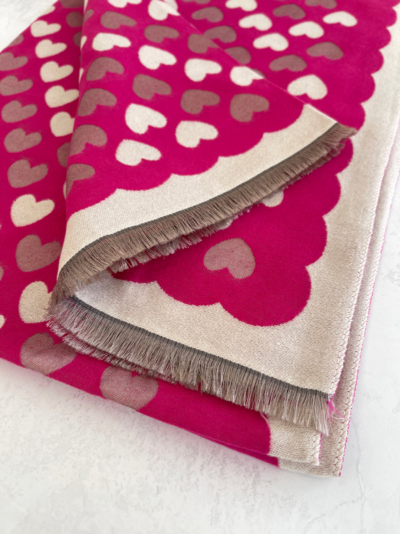 LARGE FUCHSIA PINK HEART PRINT REVERSIBLE CASHMERE WINTER SHAWL BLANKET SCARF