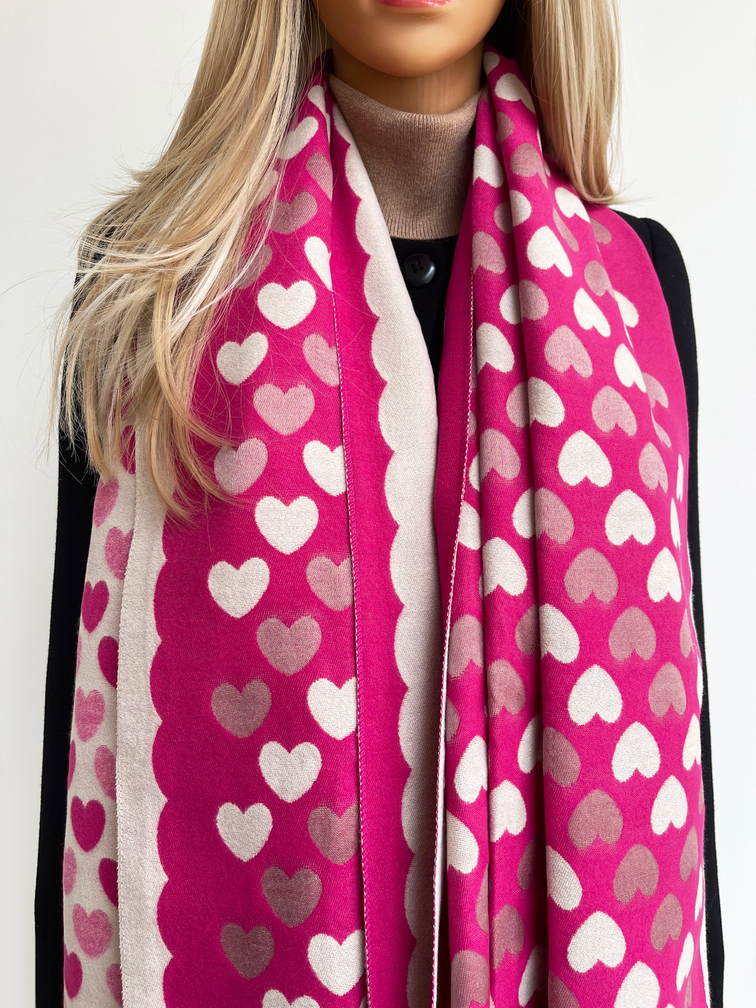 LARGE FUCHSIA PINK HEART PRINT REVERSIBLE CASHMERE WINTER SHAWL BLANKET SCARF