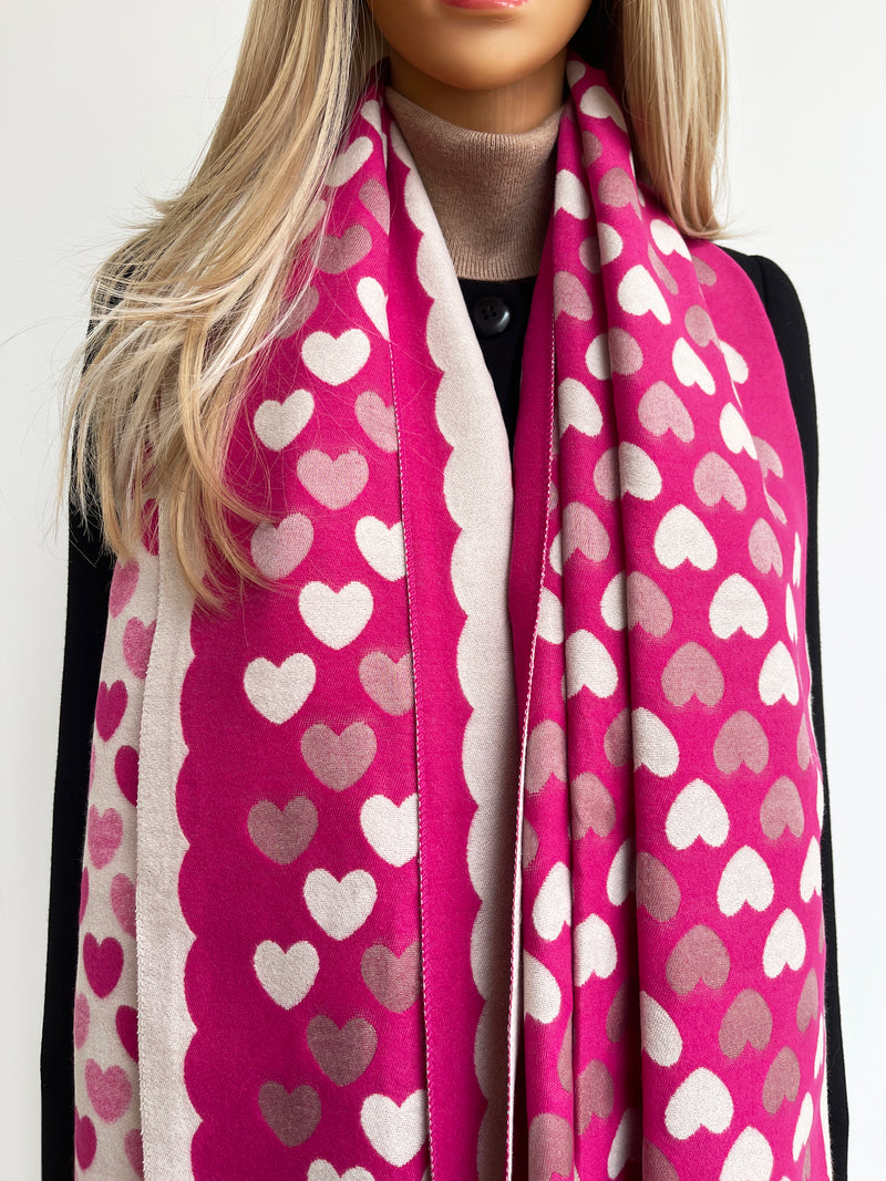 LARGE FUCHSIA PINK HEART PRINT REVERSIBLE CASHMERE WINTER SHAWL BLANKET SCARF