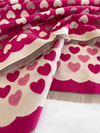 LARGE FUCHSIA PINK HEART PRINT REVERSIBLE CASHMERE WINTER SHAWL BLANKET SCARF