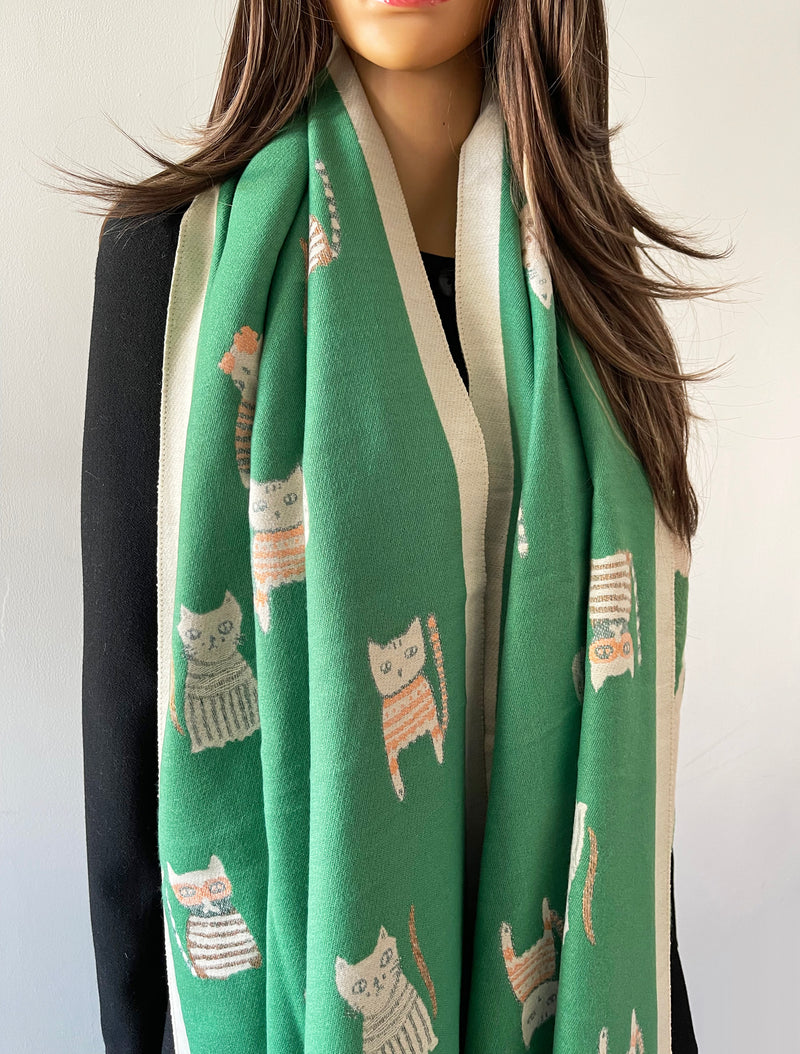 LARGE GREEN CAT THICK REVERSIBLE WINTER SHAWL BLANKET SCARF