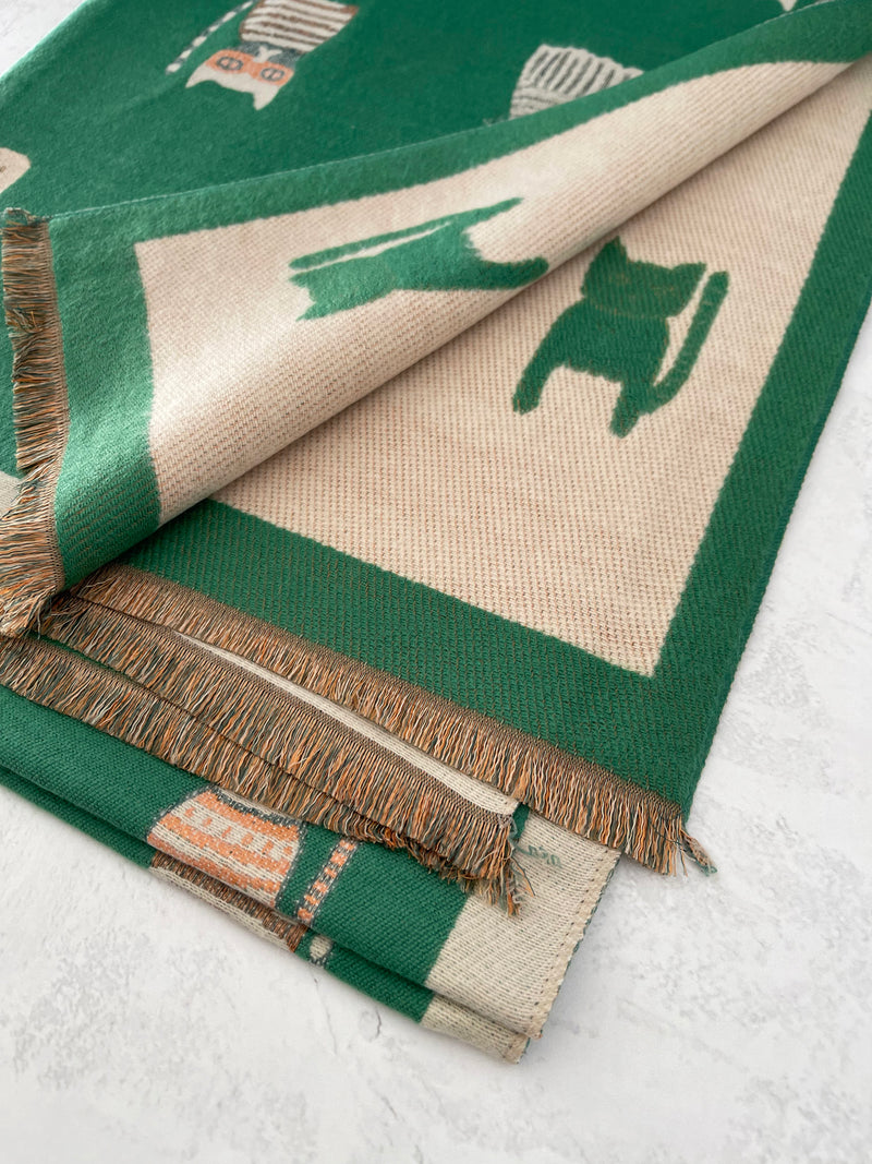 LARGE GREEN CAT THICK REVERSIBLE WINTER SHAWL BLANKET SCARF