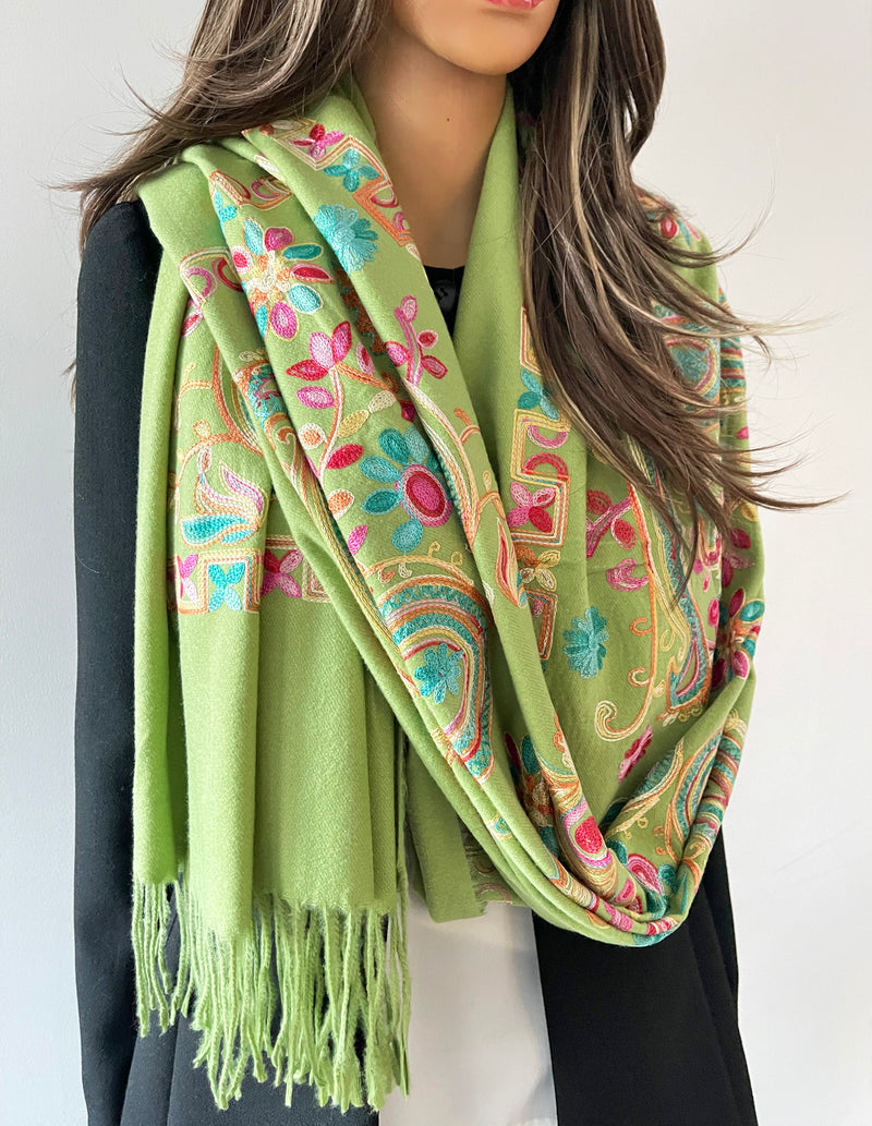 LARGE GREEN COLOURFUL PAISLEY CASHMERE COTTON BLEND WINTER SHAWL BLANKET SCARF