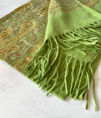 LARGE GREEN PAISLEY CASHMERE COTTON BLEND WINTER SHAWL BLANKET SCARF