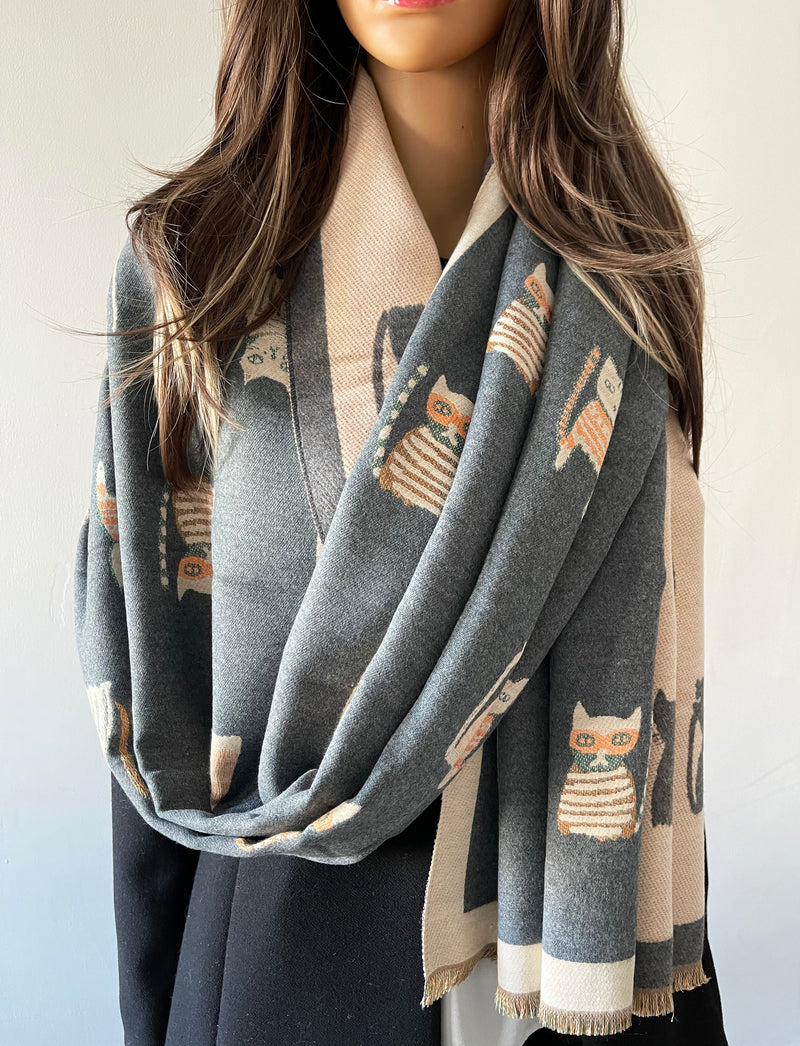 LARGE GREY CAT THICK REVERSIBLE WINTER SHAWL BLANKET SCARF