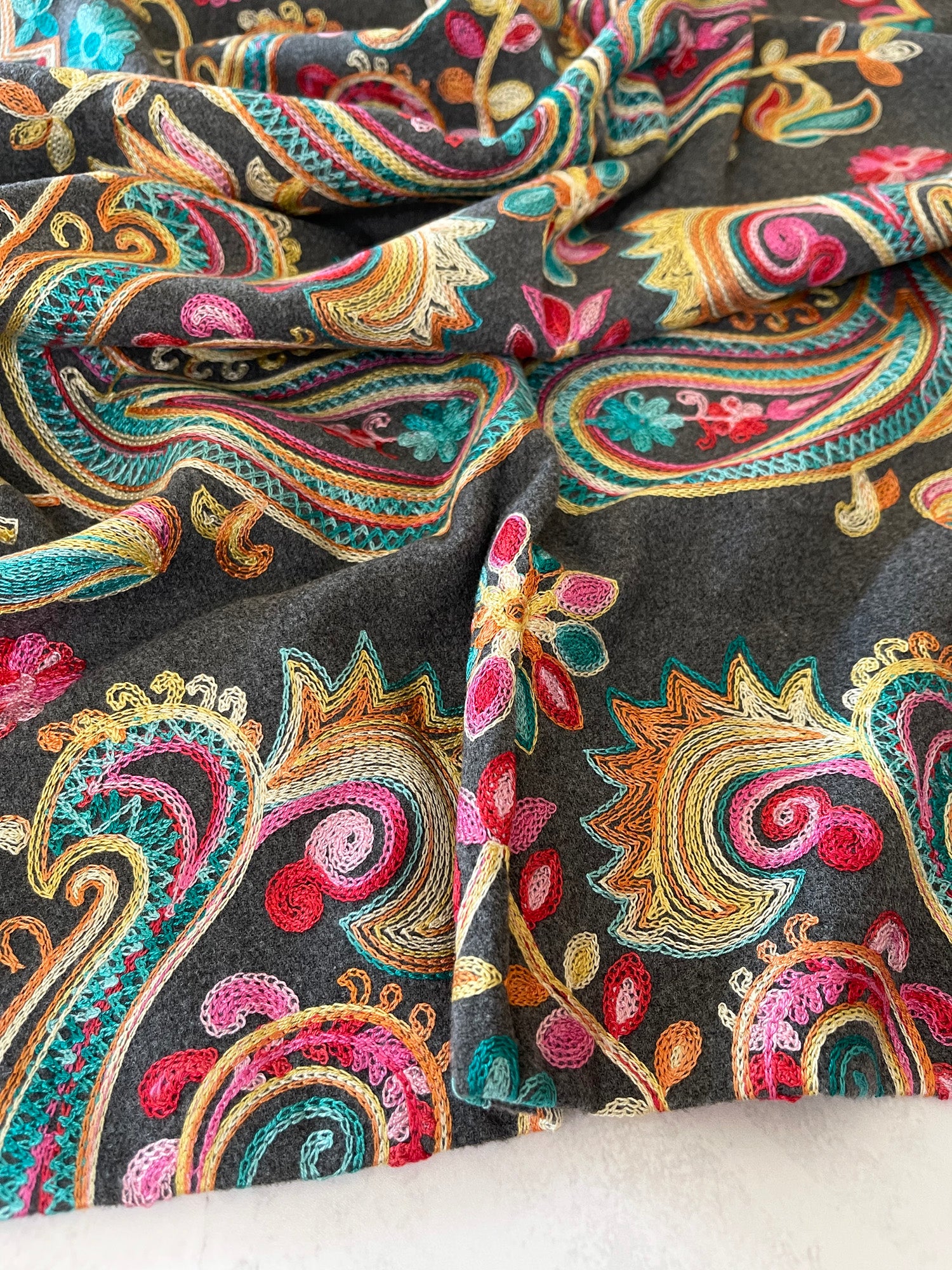 LARGE GREY COLOURFUL PAISLEY CASHMERE COTTON BLEND WINTER SHAWL BLANKET SCARF