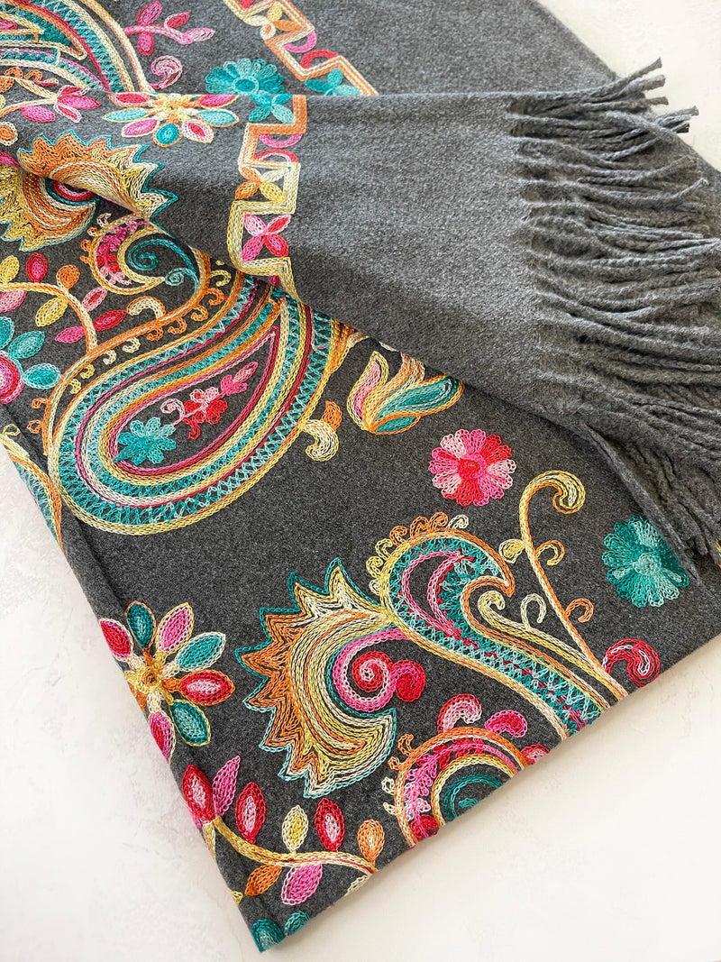 LARGE GREY COLOURFUL PAISLEY CASHMERE COTTON BLEND WINTER SHAWL BLANKET SCARF