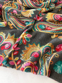 LARGE GREY COLOURFUL PAISLEY CASHMERE COTTON BLEND WINTER SHAWL BLANKET SCARF