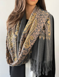 LARGE GREY PAISLEY CASHMERE COTTON BLEND WINTER SHAWL BLANKET SCARF