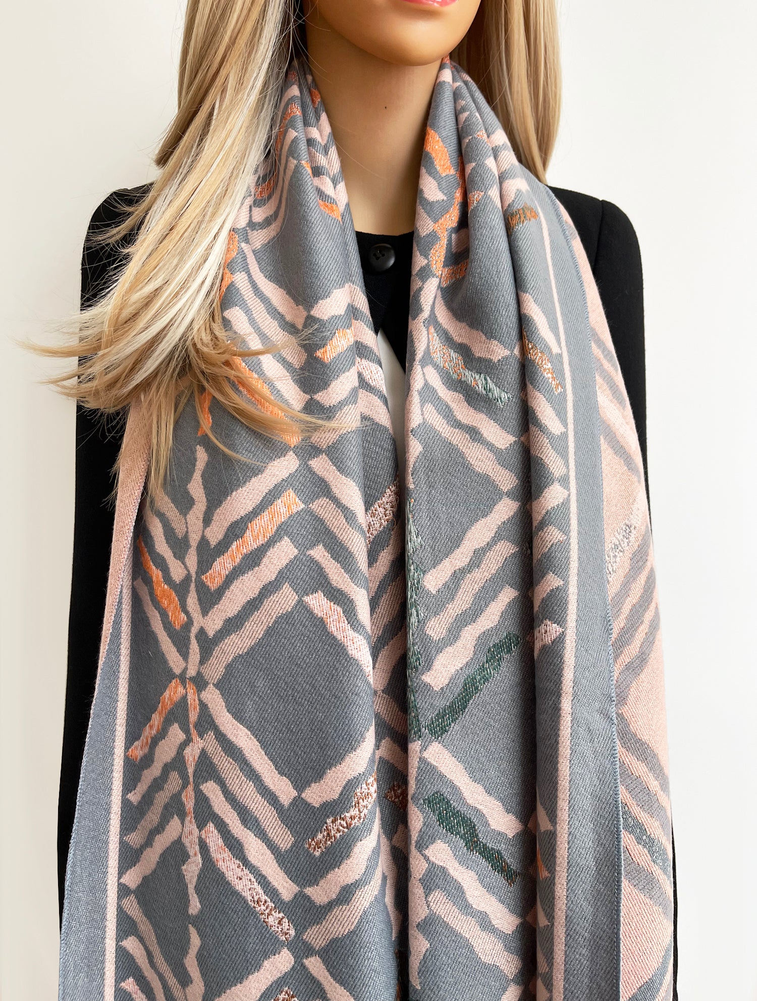 Grey Retro Print Reversible Wool Winter Shawl Blanket Scarf