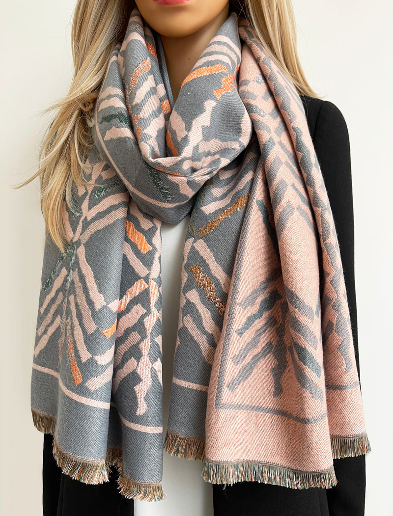 LARGE GREY RETRO PRINT REVERSIBLE WOOL WINTER SHAWL BLANKET SCARF