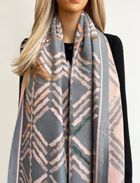 LARGE GREY RETRO PRINT REVERSIBLE WOOL WINTER SHAWL BLANKET SCARF