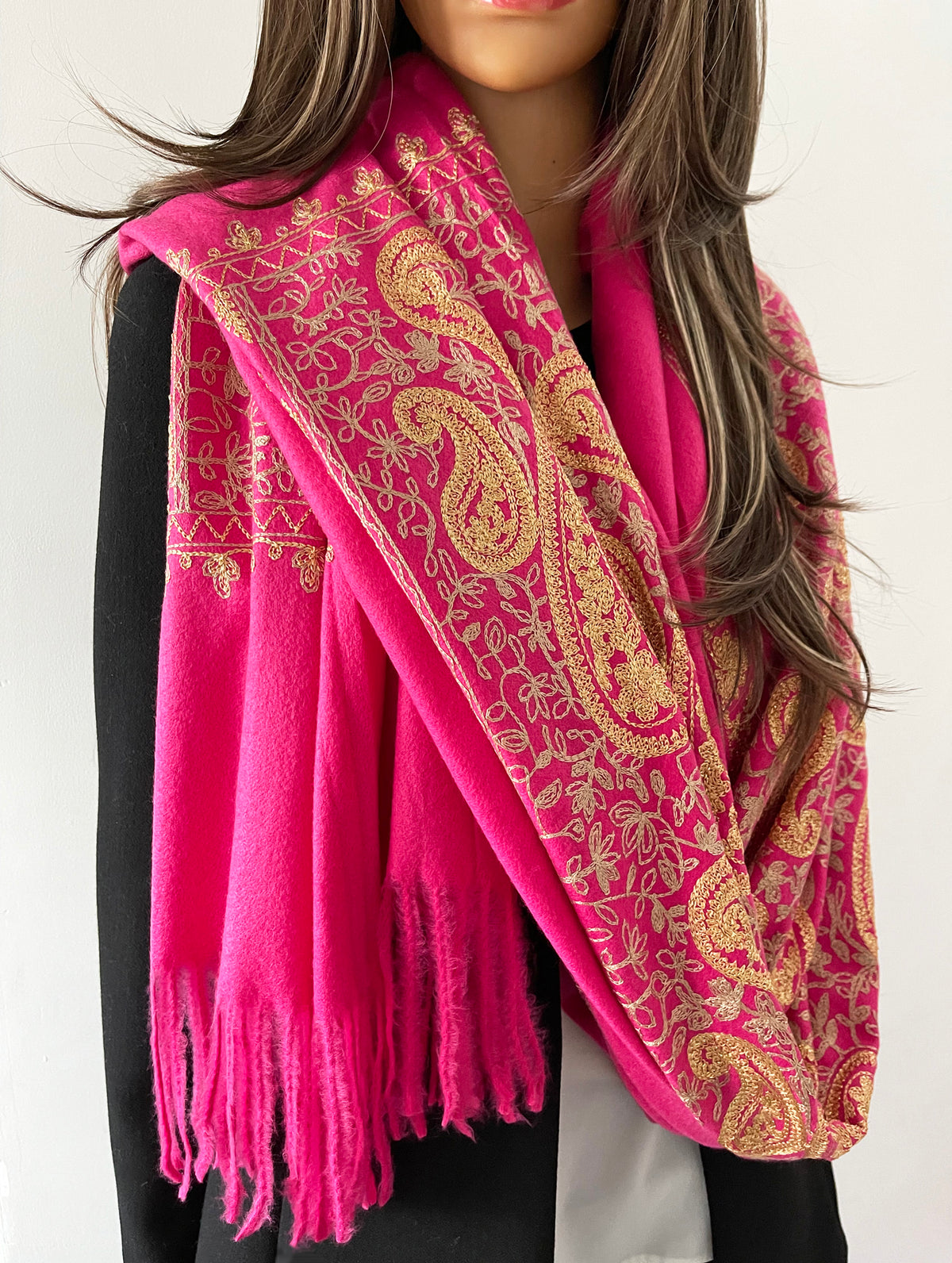 LARGE HOT PINK PAISLEY CASHMERE COTTON BLEND WINTER SHAWL BLANKET SCARF