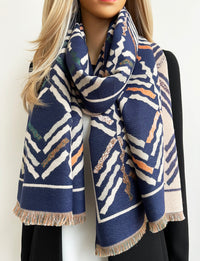 LARGE NAVY BLUE RETRO PRINT REVERSIBLE WOOL WINTER SHAWL BLANKET SCARF