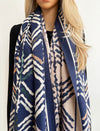 LARGE NAVY BLUE RETRO PRINT REVERSIBLE WOOL WINTER SHAWL BLANKET SCARF