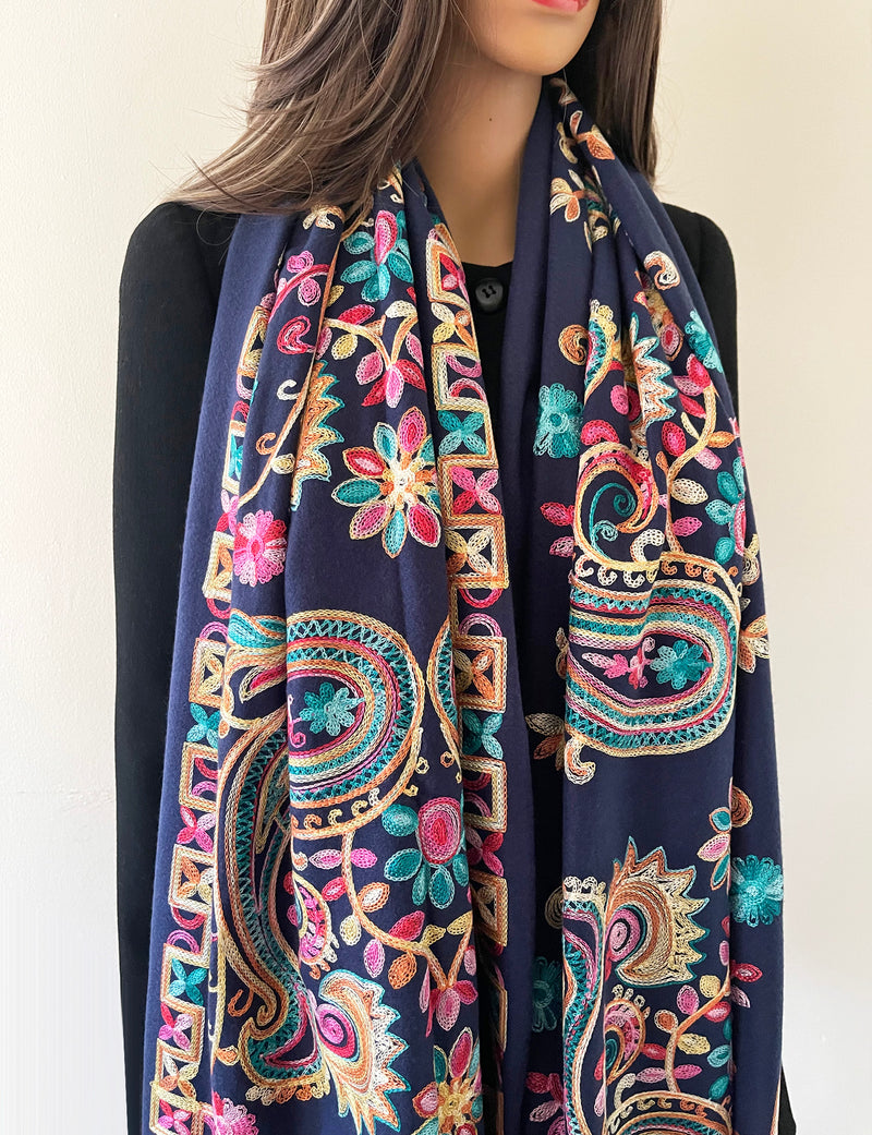 LARGE NAVY COLOURFUL PAISLEY CASHMERE COTTON BLEND WINTER SHAWL BLANKET SCARF