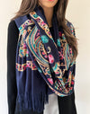 LARGE NAVY COLOURFUL PAISLEY CASHMERE COTTON BLEND WINTER SHAWL BLANKET SCARF