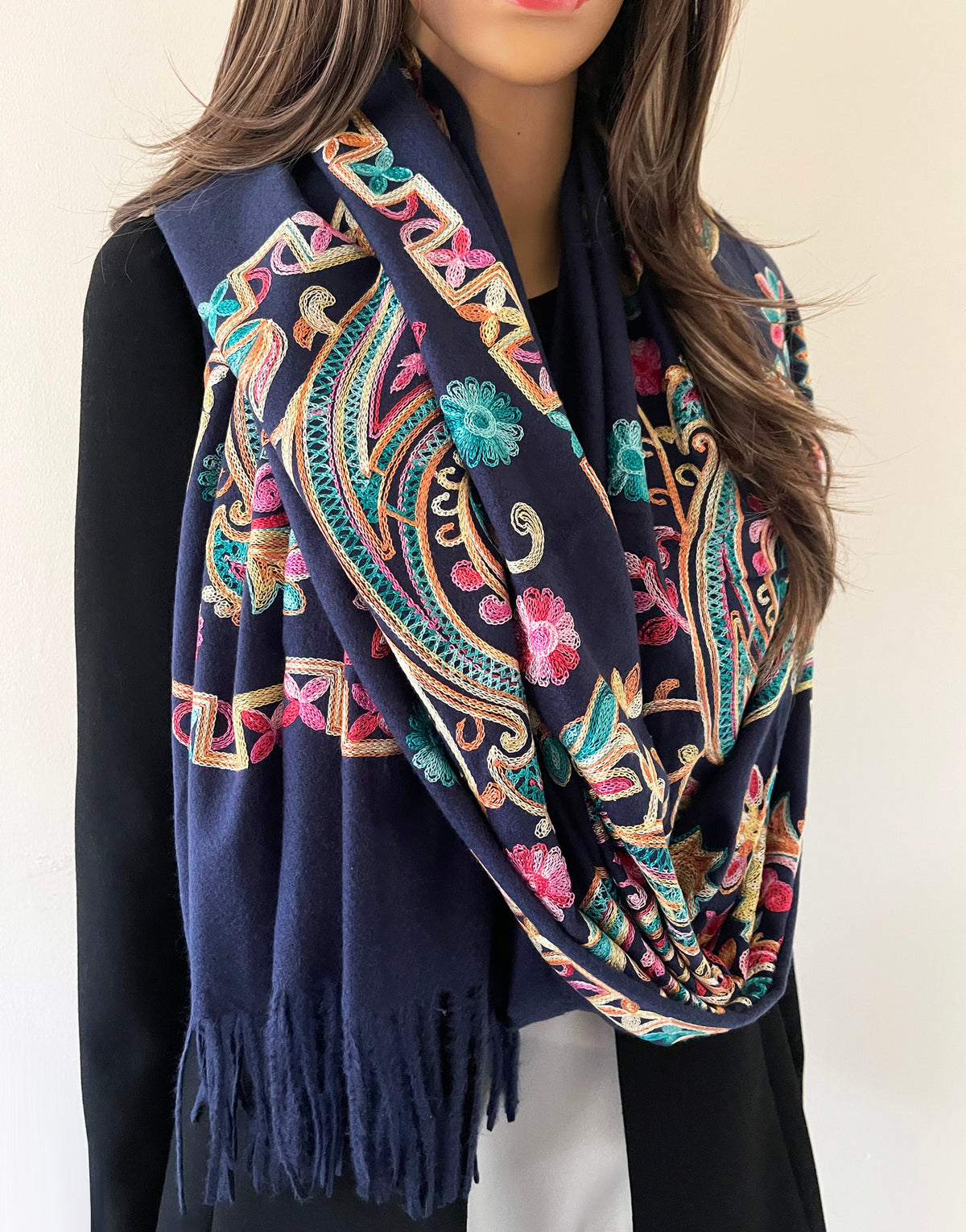 LARGE NAVY COLOURFUL PAISLEY CASHMERE COTTON BLEND WINTER SHAWL BLANKET SCARF