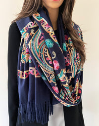 LARGE NAVY COLOURFUL PAISLEY CASHMERE COTTON BLEND WINTER SHAWL BLANKET SCARF