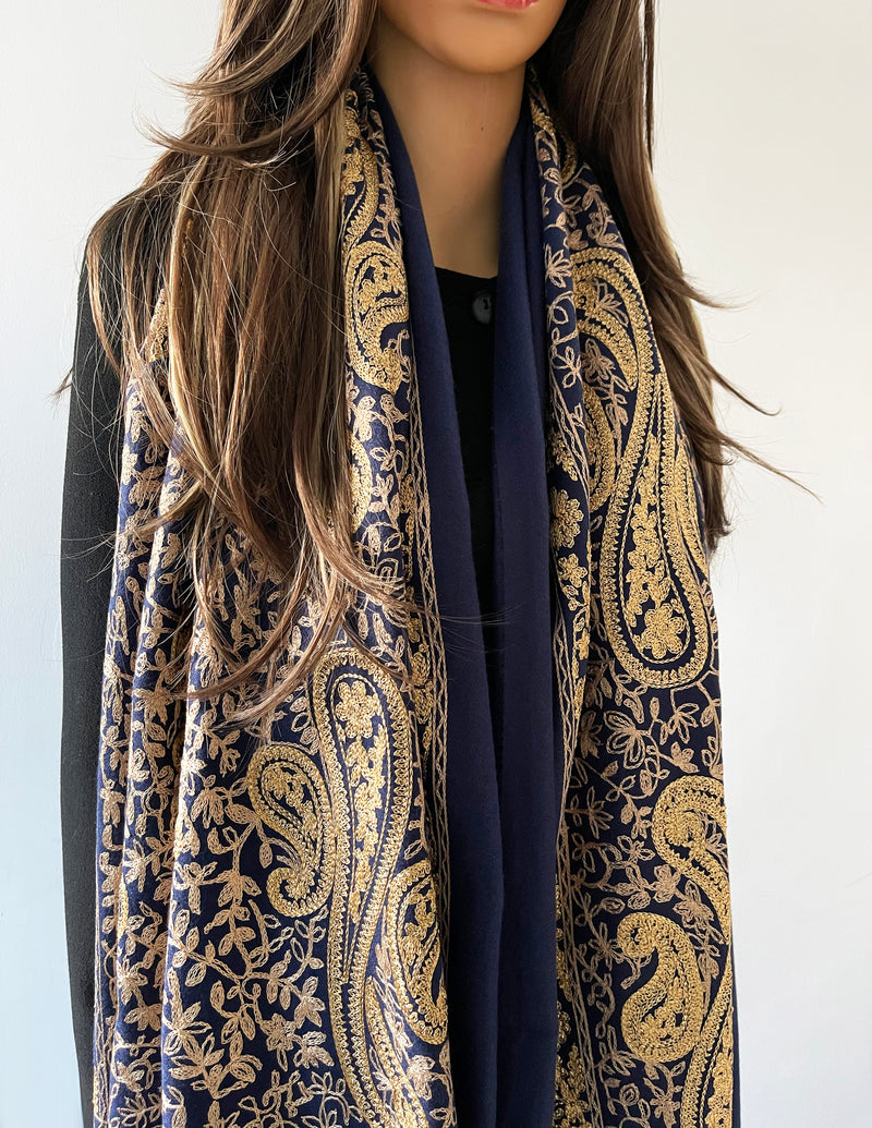 LARGE NAVY PAISLEY CASHMERE COTTON BLEND WINTER SHAWL BLANKET SCARF