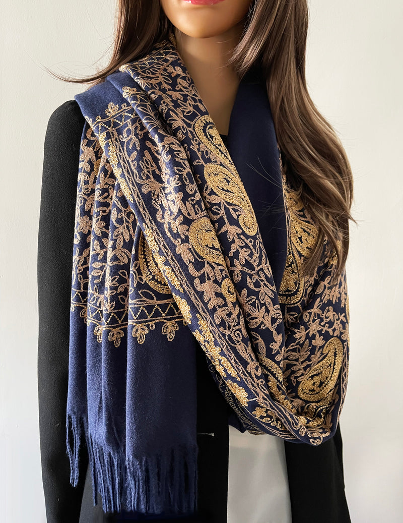 LARGE NAVY PAISLEY CASHMERE COTTON BLEND WINTER SHAWL BLANKET SCARF