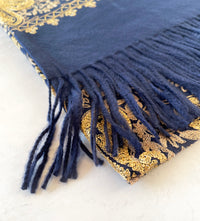 LARGE NAVY PAISLEY CASHMERE COTTON BLEND WINTER SHAWL BLANKET SCARF