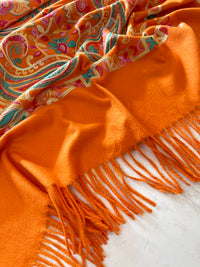 LARGE ORANGE COLOURFUL PAISLEY CASHMERE COTTON BLEND WINTER SHAWL BLANKET SCARF