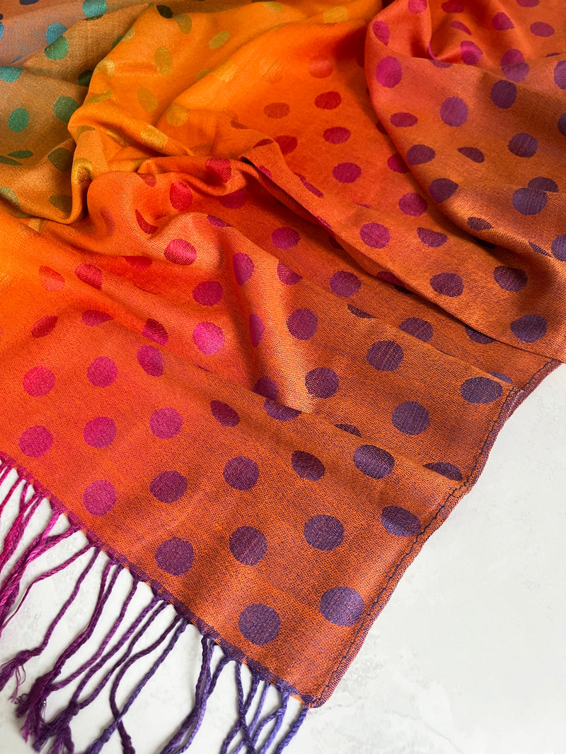 LARGE ORANGE MULTI-COLOUR DOT PRINT PASHMINA SHAWL SCARF