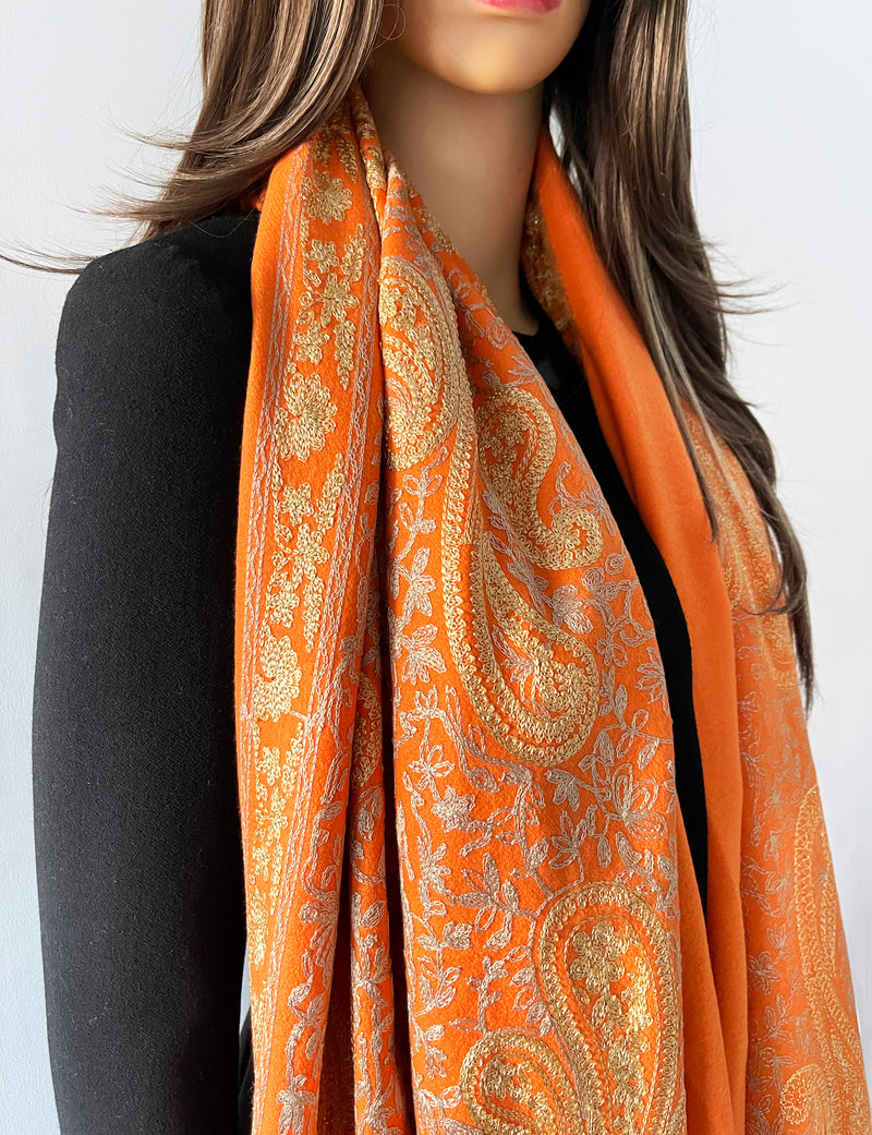 LARGE ORANGE PAISLEY CASHMERE COTTON BLEND WINTER SHAWL BLANKET SCARF