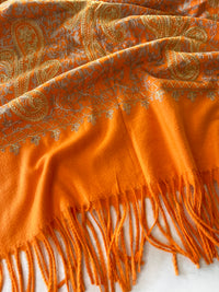 LARGE ORANGE PAISLEY CASHMERE COTTON BLEND WINTER SHAWL BLANKET SCARF