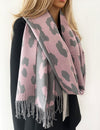 LARGE PINK CASHMERE LEOPARD PRINT REVERSIBLE WINTER SHAWL BLANKET SCARF