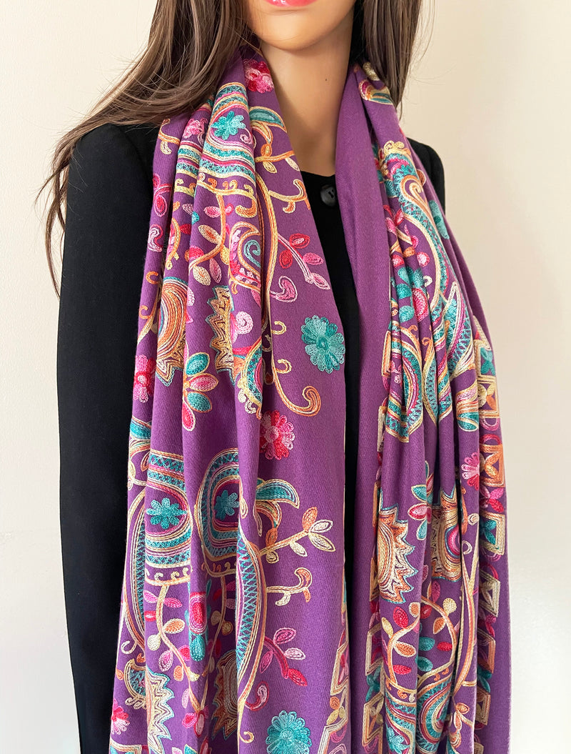 LARGE PURPLE COLOURFUL PAISLEY CASHMERE COTTON BLEND WINTER SHAWL BLANKET SCARF