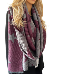 LARGE PURPLE GREY STAR THICK REVERSIBLE WINTER SHAWL BLANKET SCARF