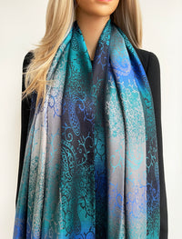 LARGE REVERSIBLE BLUE OMBRE PAISLEY PRINT PASHMINA SHAWL SCARF WRAP