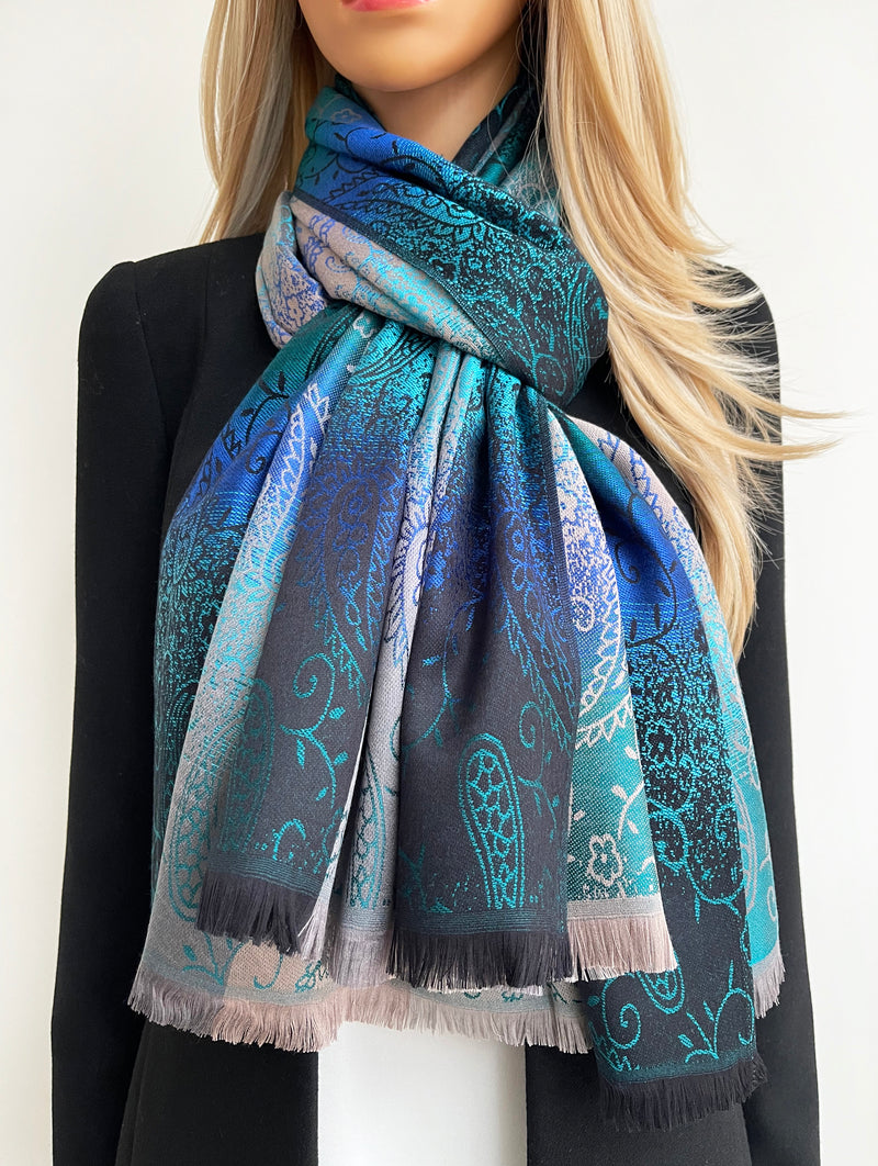 LARGE REVERSIBLE BLUE OMBRE PAISLEY PRINT PASHMINA SHAWL SCARF WRAP