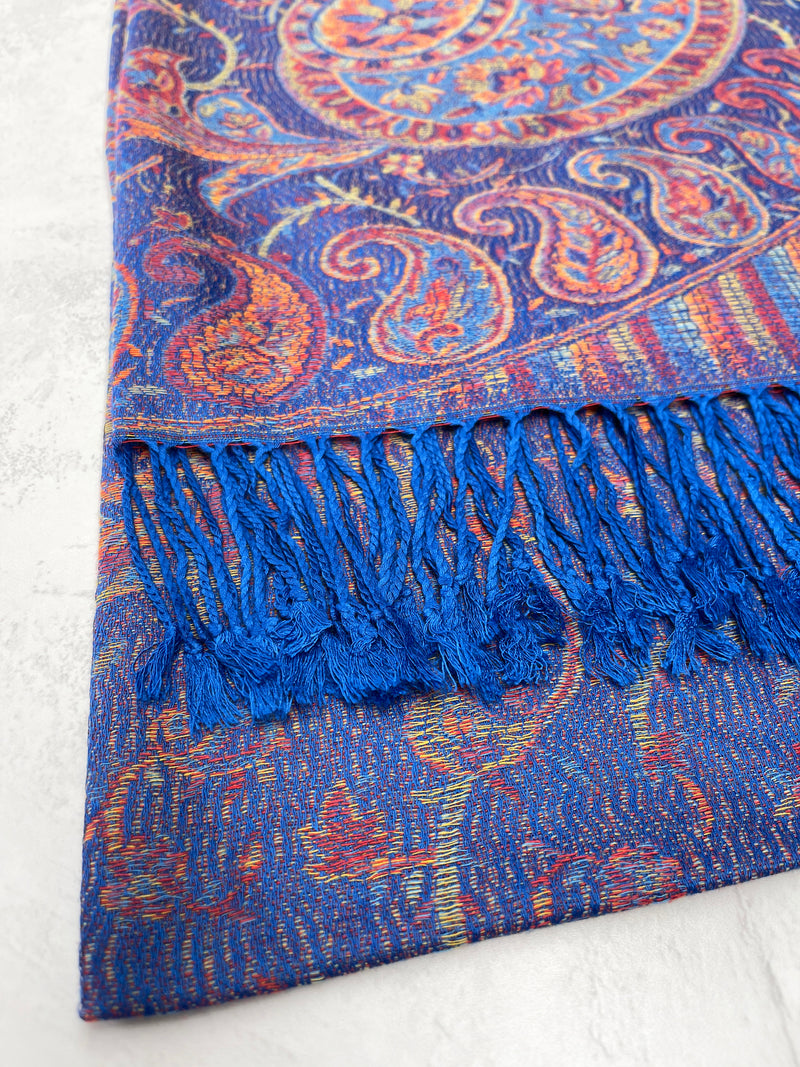 LARGE ROYAL BLUE MULTI COLOUR PAISLEY PASHMINA SHAWL SCARF WRAP