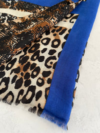 LARGE ROYAL BLUE SNAKESKIN AND LEOPARD PRINT SCARF