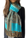 LARGE PLAIN TEAL BLUE REVERSIBLE MULTI COLOUR PAISLEY PRINT PASHMINA SHAWL SCARF WRAP