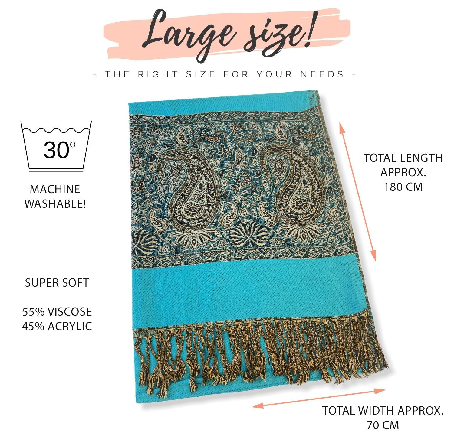 LARGE PLAIN TEAL BLUE REVERSIBLE MULTI COLOUR PAISLEY PRINT PASHMINA SHAWL SCARF WRAP