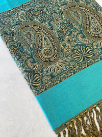 LARGE PLAIN TEAL BLUE REVERSIBLE MULTI COLOUR PAISLEY PRINT PASHMINA SHAWL SCARF WRAP