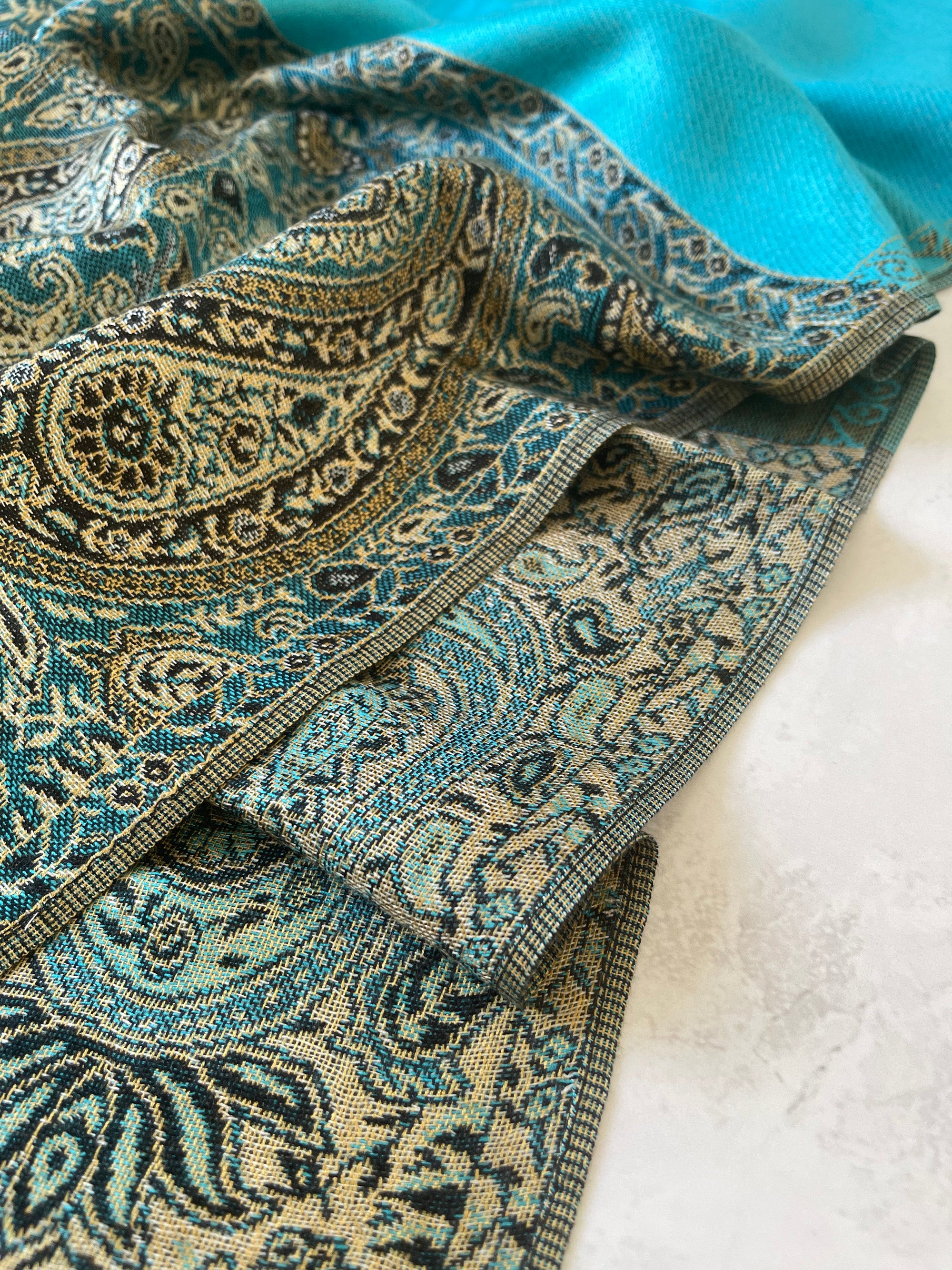 LARGE PLAIN TEAL BLUE REVERSIBLE MULTI COLOUR PAISLEY PRINT PASHMINA SHAWL SCARF WRAP