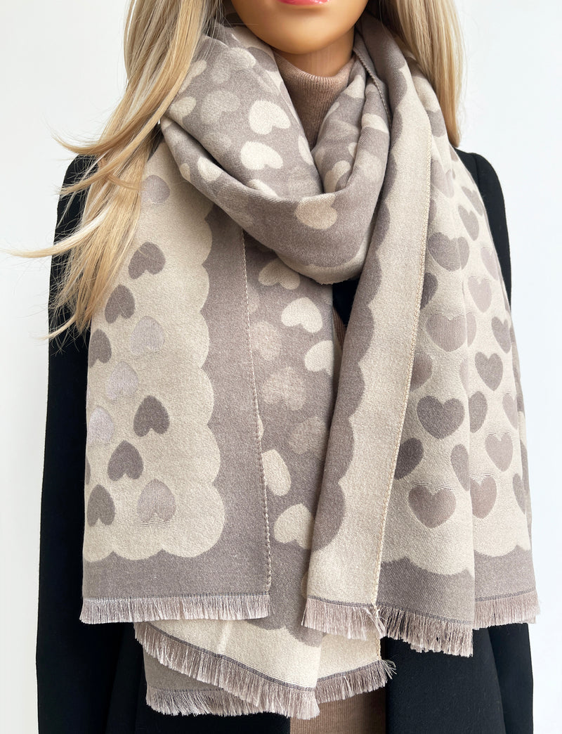 LARGE BEIGE HEART PRINT REVERSIBLE CASHMERE WINTER SHAWL BLANKET SCARF