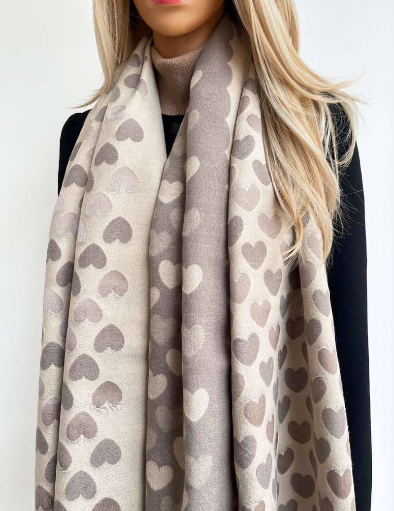LARGE BEIGE HEART PRINT REVERSIBLE CASHMERE WINTER SHAWL BLANKET SCARF