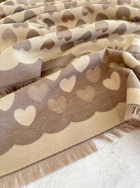 LARGE BEIGE HEART PRINT REVERSIBLE CASHMERE WINTER SHAWL BLANKET SCARF