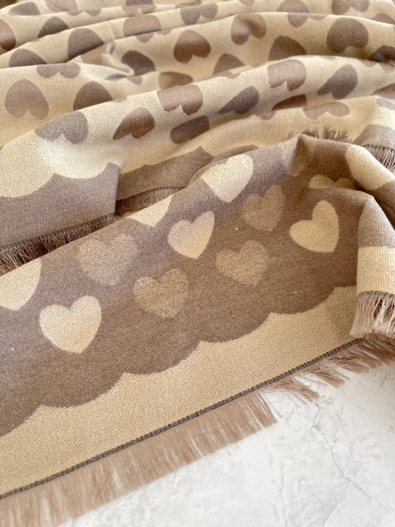 LARGE BEIGE HEART PRINT REVERSIBLE CASHMERE WINTER SHAWL BLANKET SCARF
