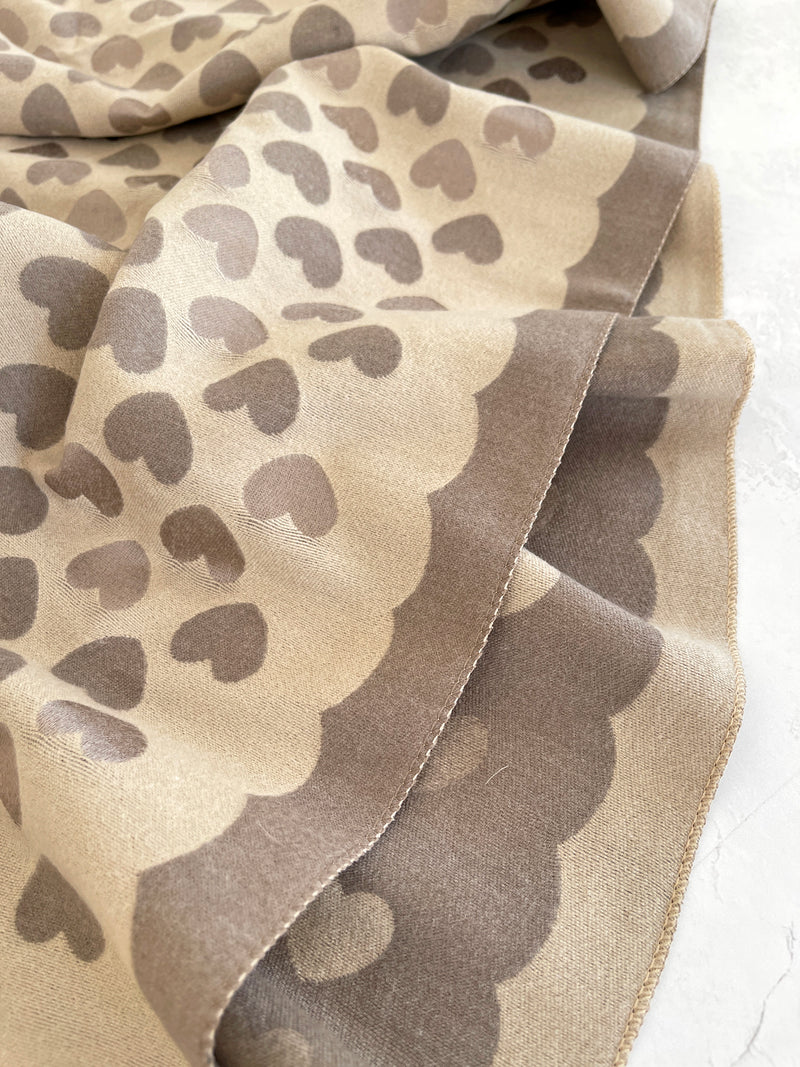 LARGE BEIGE HEART PRINT REVERSIBLE CASHMERE WINTER SHAWL BLANKET SCARF