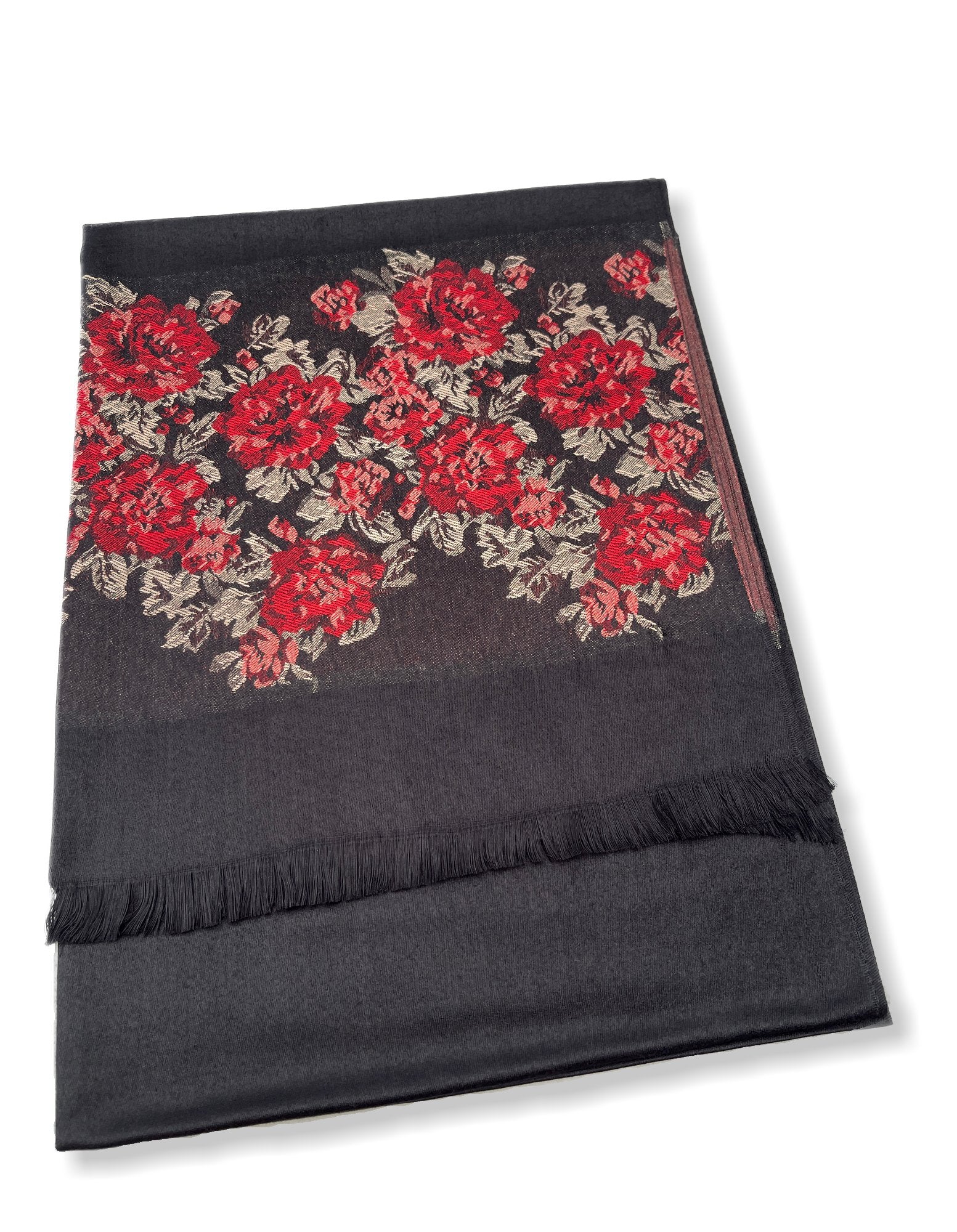 LARGE BLACK FLORAL PRINT SILKY FEEL PASHMINA SHAWL SCARF