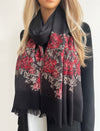 LARGE BLACK FLORAL PRINT SILKY FEEL PASHMINA SHAWL SCARF